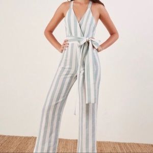 Reformation belted Dani Striped linen Jumpsuit B102 size 4